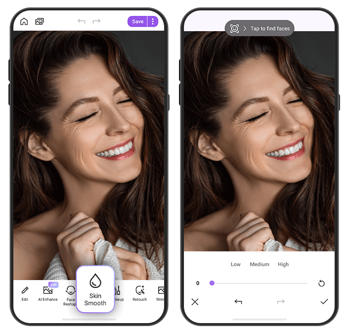 a UI image of a woman edited with Vivid Glam's Skin Smooth feature to look younger
